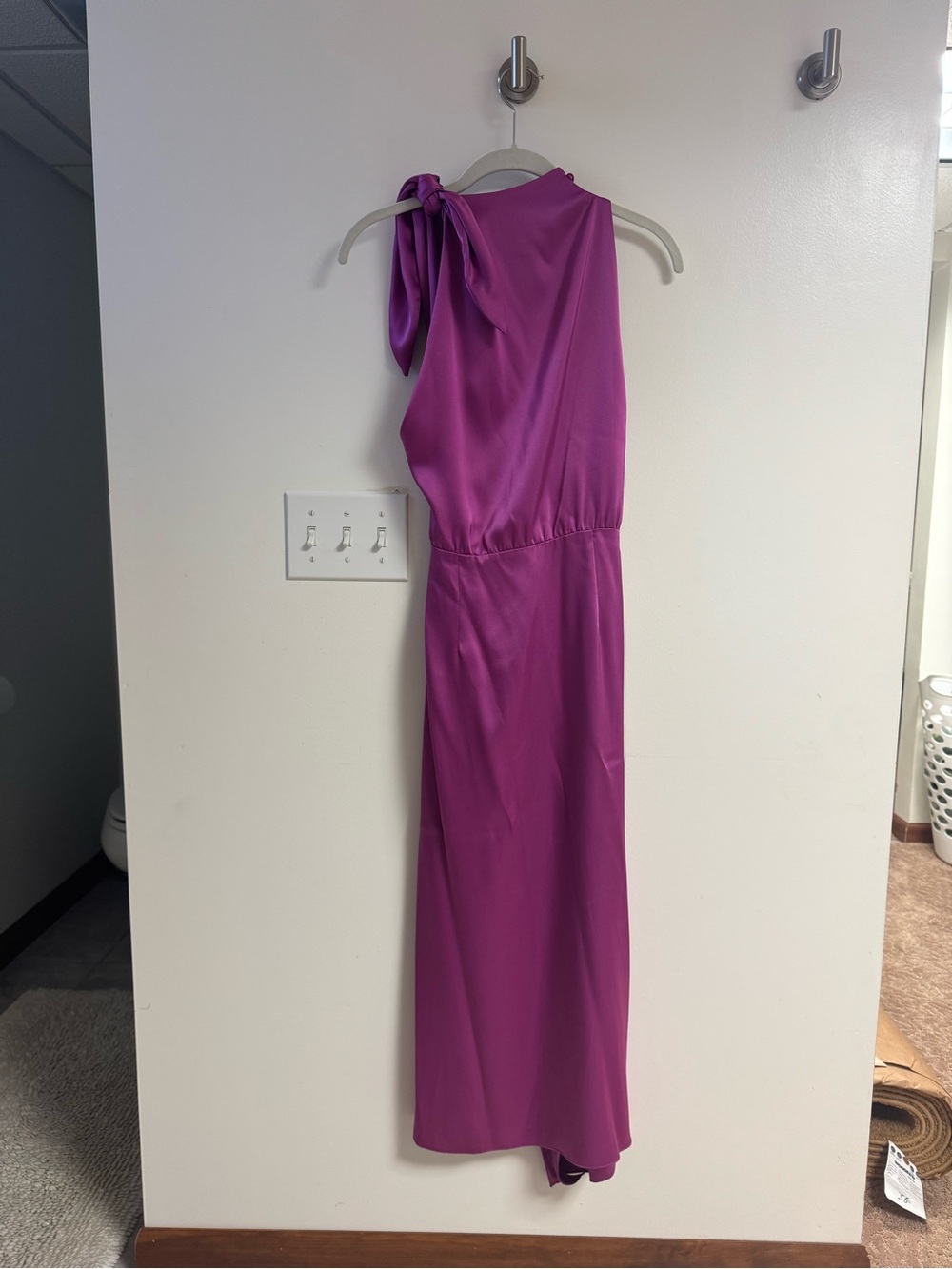 Nanushka Magenta One-Shoulder Midi Dress with Tie Shoulder
